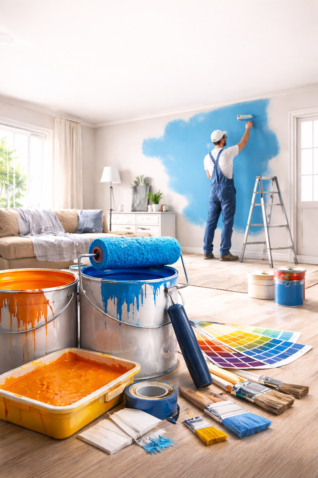 Peintre intérieur à Caen - Durand Rénovation applique une peinture murale dans un salon