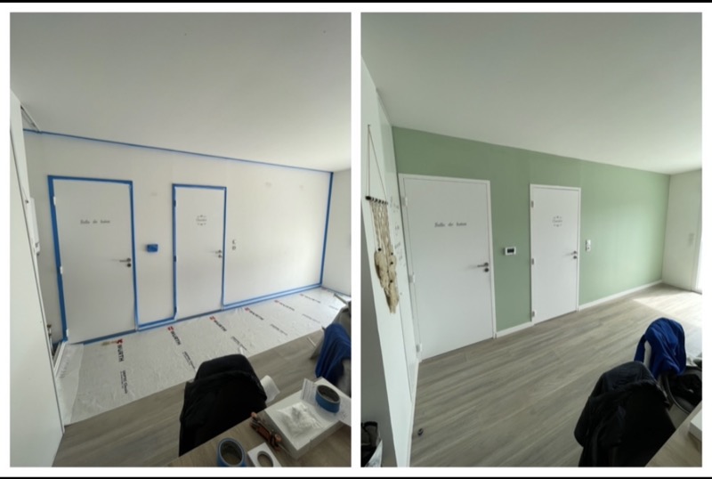 Peinture intérieure murs vert sauge avant après - Durand Rénovation Caen